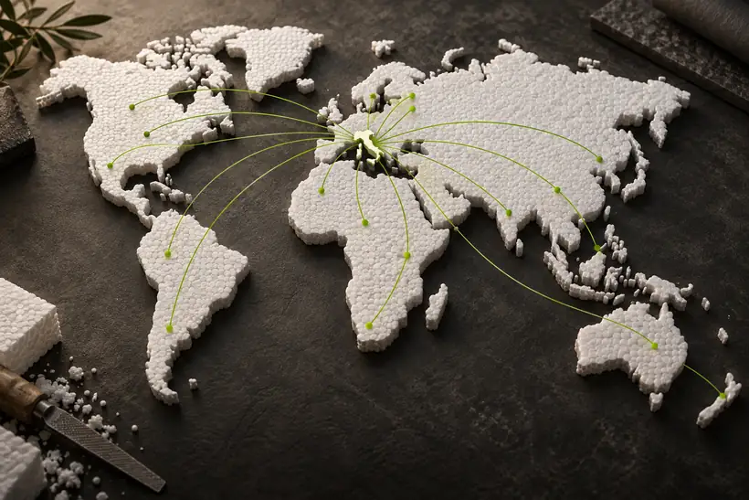 Mappa del mondo in polistirolo con le rotte di consegna dall'Italia verso Europa, America e Asia